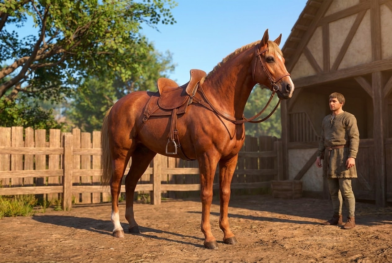 Original editorial illustration for an independent Medieval Horse Dealer Simulator guide