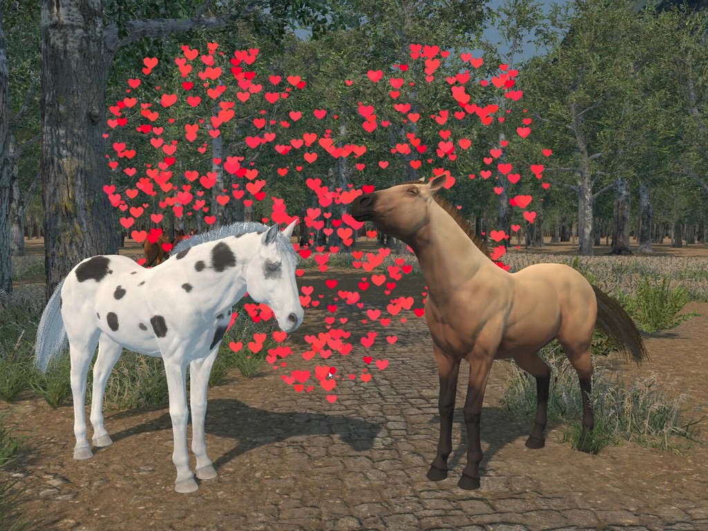 Real gameplay screenshot: two unarmored horses with heart-shaped breeding particles