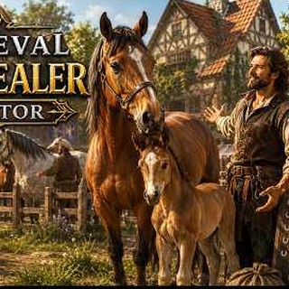 Real gameplay screenshot (Owner-provided): bay mare with foal beside a civilian horse trader