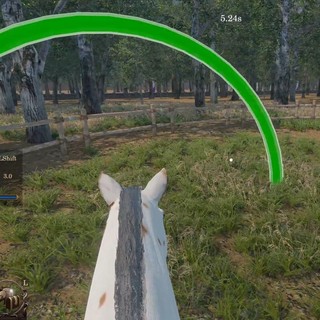 Real gameplay screenshot: first-person horseback ride in a fenced woodland paddock